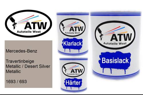 Mercedes-Benz, Travertinbeige Metallic / Desert Silver Metallic, 1693 / 693: 1L Lackdose + 1L Klarlack + 500ml Härter - Set, von ATW Autoteile West.